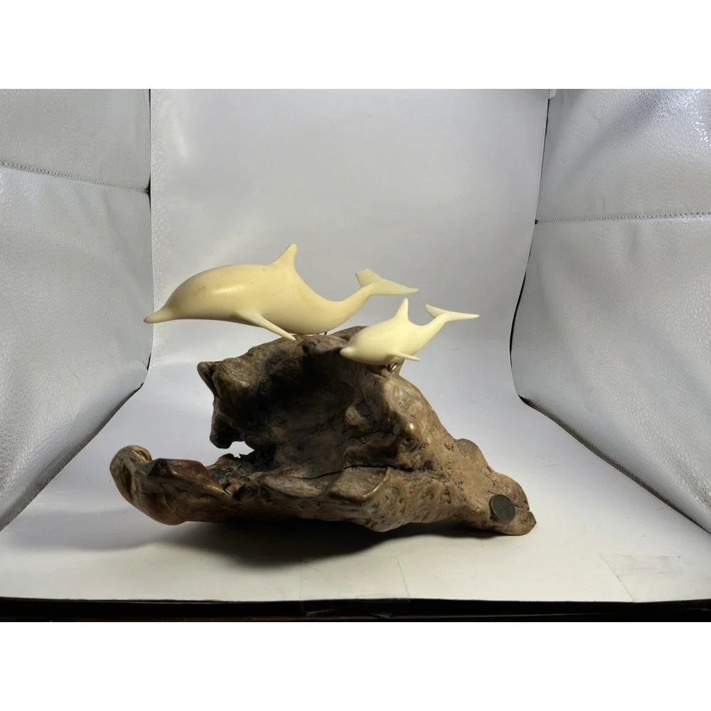 John Perry Parent & Baby Dolphin Sculpture On Burl Wood OnHas Broken Tail Shark?